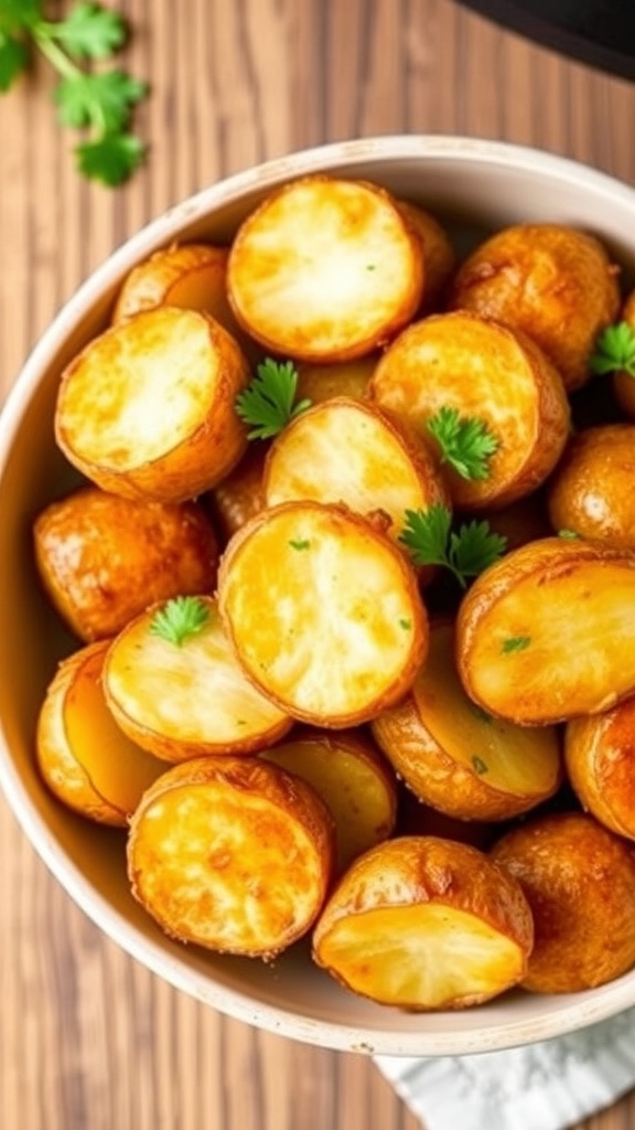 Crispy Air Fryer Baby Dutch Potatoes Recipe A bowl of crispy baby Dutch potatoes garnished with parsley on a wooden table.